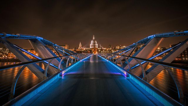 London Millennium Bridge with St. Paul's Cathedral in the background, London, England