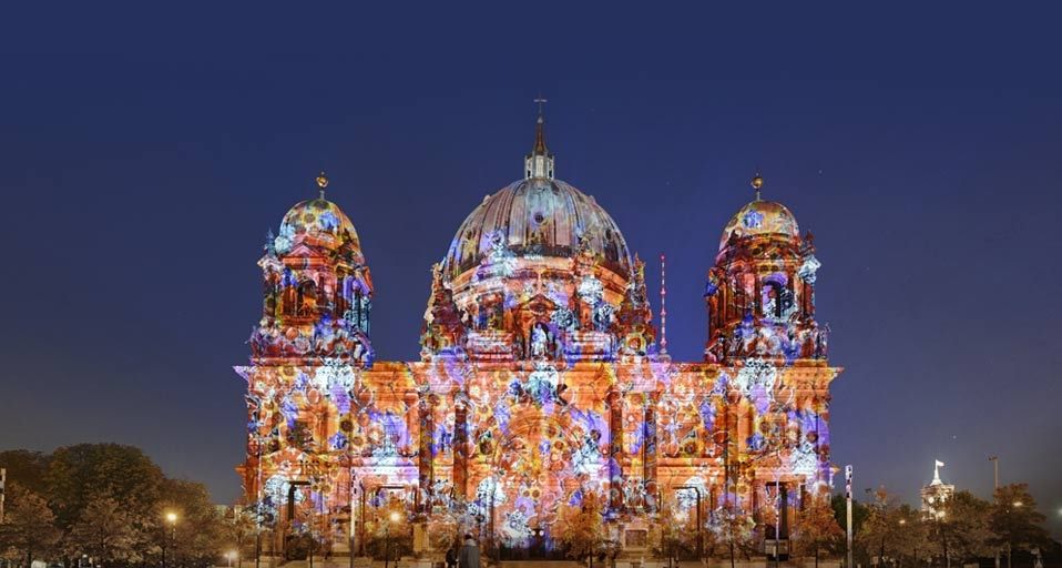 Berlin Cathedral with artful illumination during the Festival of Lights in Berlin, Germany