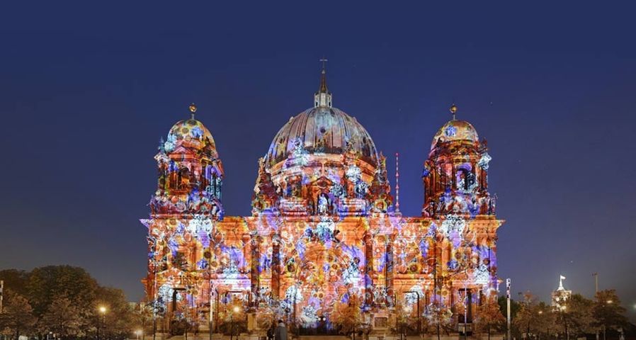 Berlin Cathedral with artful illumination during the Festival of Lights in Berlin, Germany