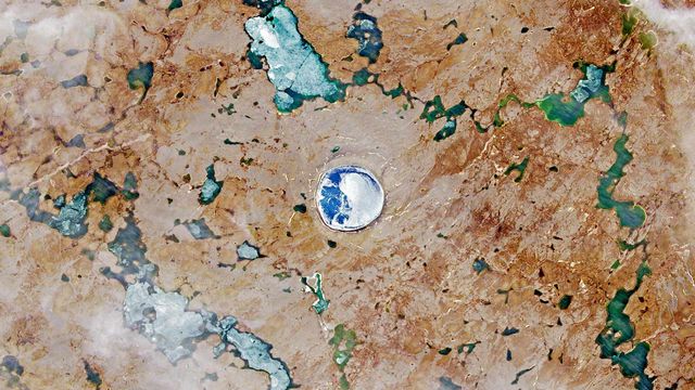 A satellite image of the Pingualuit asteroid impact crater in Quebec