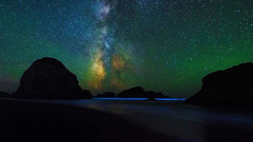 Sternenhimmel und Meeresleuchten, Cape Sebastian State Scenic Corridor, Oregon, USA 