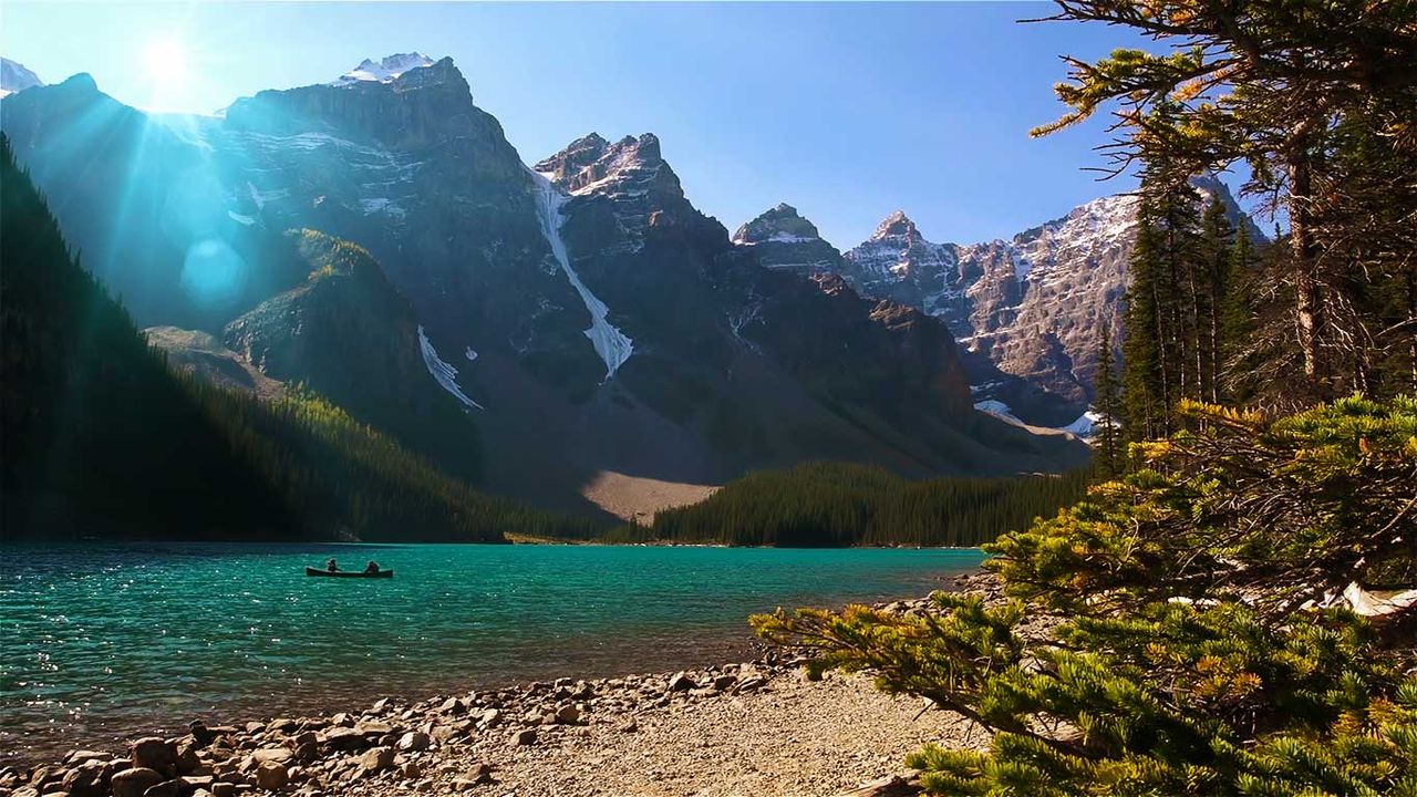 Canoe on Moraine Lake in Banff National Park, Alberta, Canada