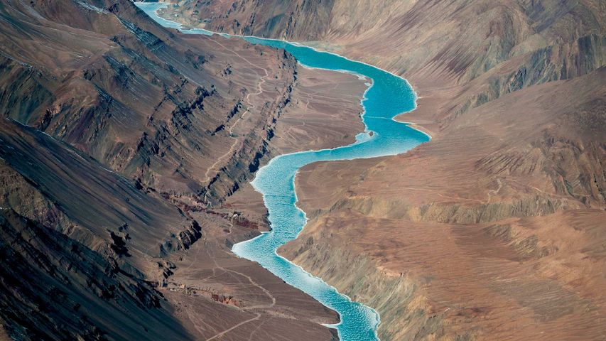 The Indus river from a winter flight to Leh, Ladakh.