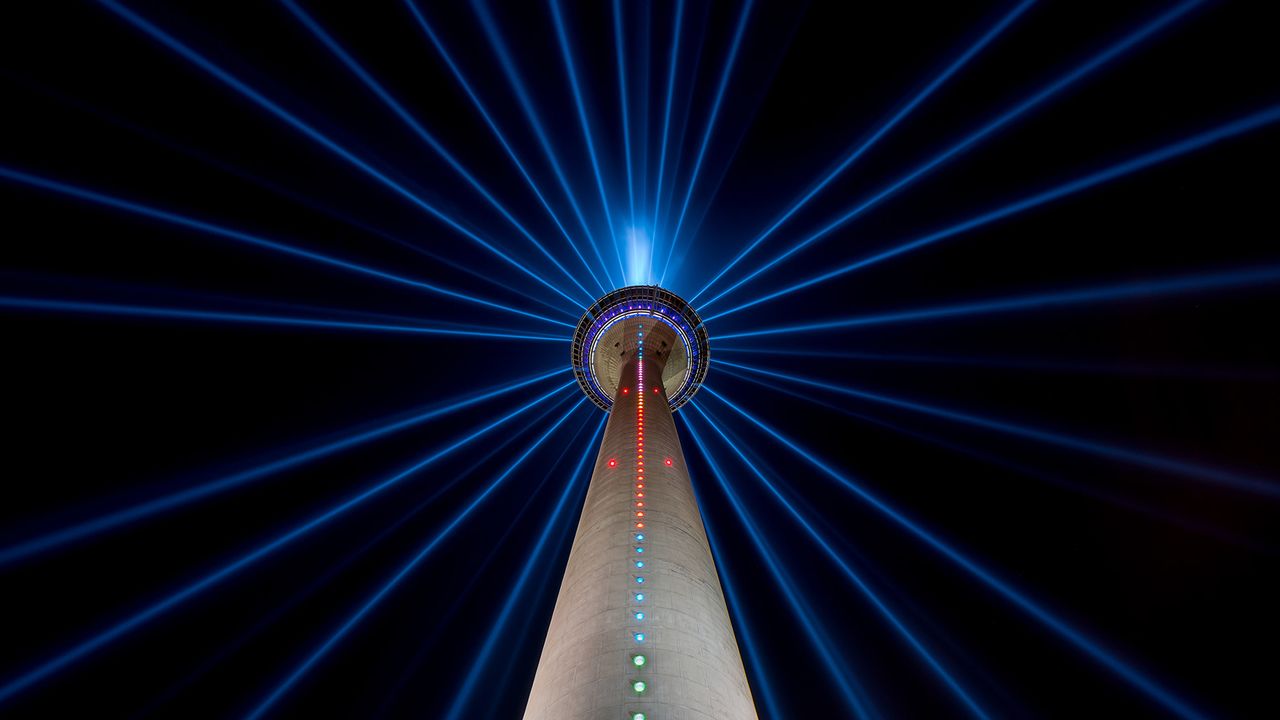 The Rheinturm at night in Düsseldorf, Germany 