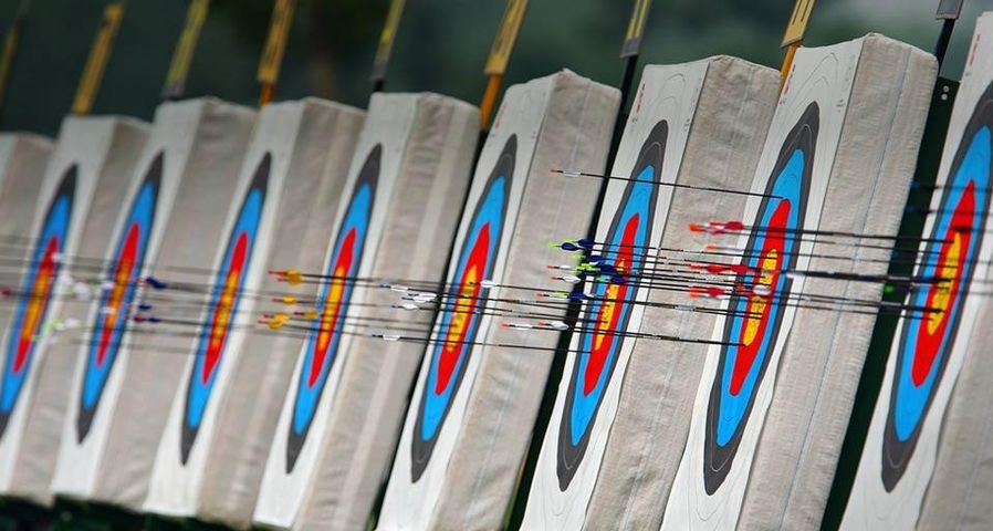 Cibles pendant l’entraînement de tir à l’arc pour les JO de Pékin de 2008 à l’Olympic Green Archery Field, 6 août 2008 à Pékin, Chine