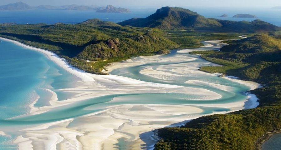 Aerial shot of Whitehaven Beach, Whitsunday Island off Queensland, Australia