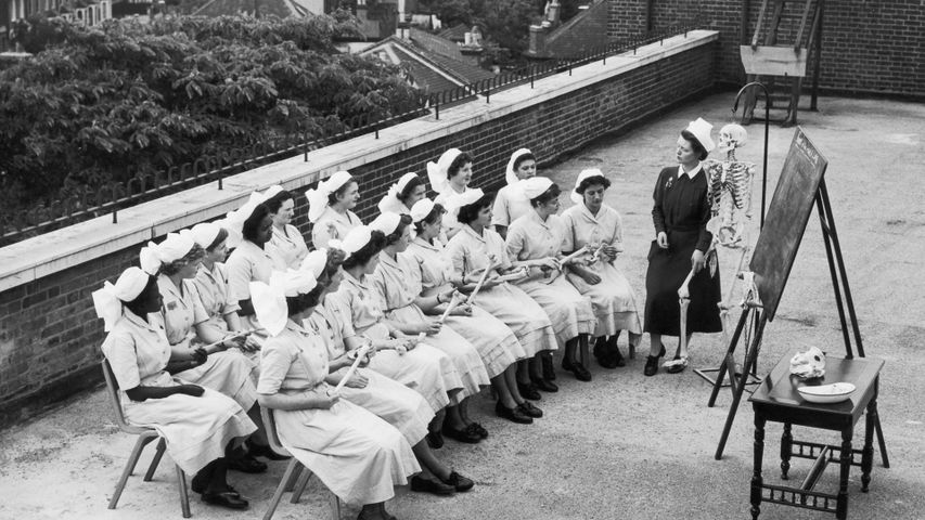 Student nurses at an anatomy class on the roof of St James' Hospital, Balham, London, in 1958 