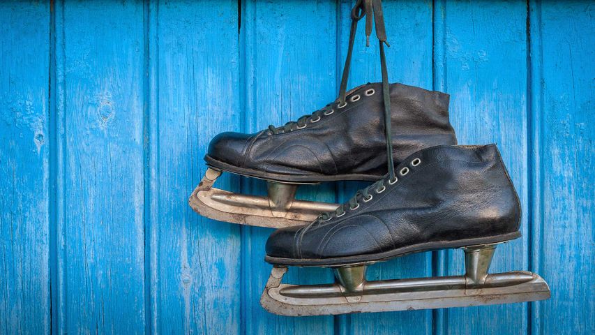 Old hockey skates hanging on a blue wooden wall