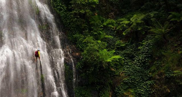 A canyoneer descends through one of Kanangra Main's waterfalls, New South Wales, Australia