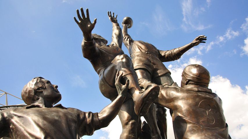 Rugby line-out sculpture outside Twickenham Stadium, London, England 