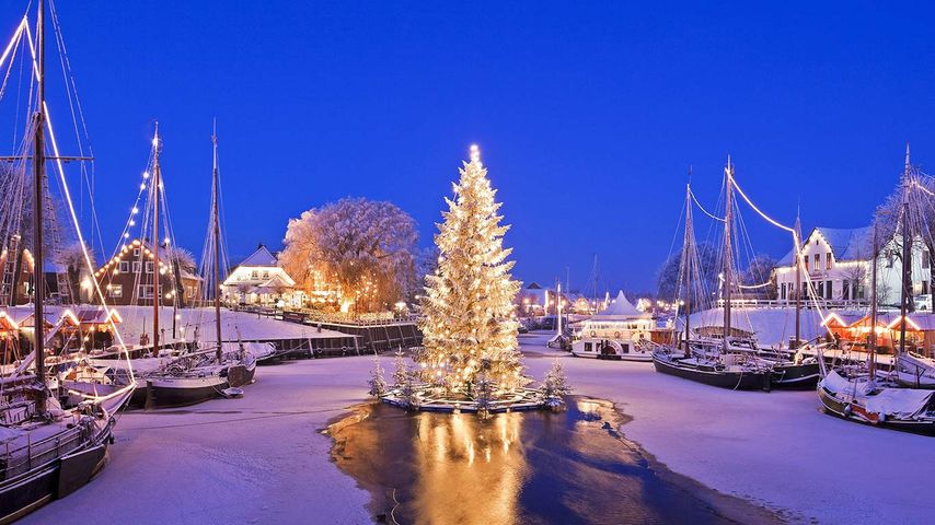Schwimmender Weihnachtsbaum im Museumshafen Carolinensiel, Niedersachsen, Deutschland 