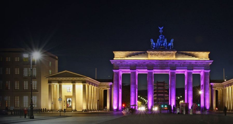 The Brandenburg Gate stands illuminated during the Festival of Lights in Berlin, Germany