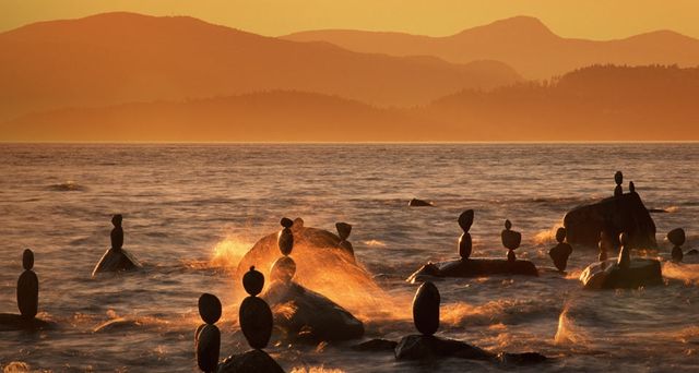 Balanced rocks in English Bay in Vancouver, British Columbia, Canada