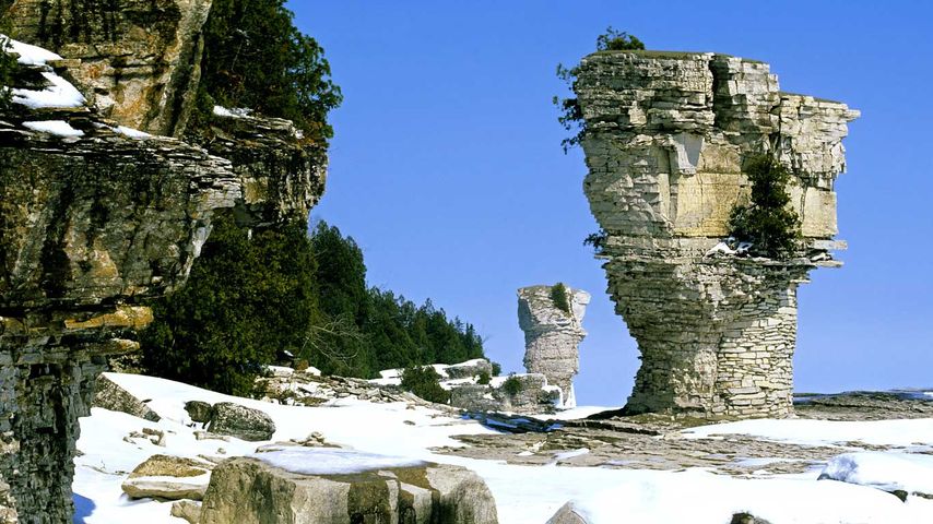 The famous flowerpots, eroded limestone formations, located on the shoreline of Flowerpot Island, Georgian Bay, in Fathom Five National Marine Park, Ontario