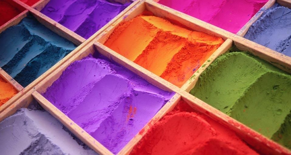 Powdered tika (or tikka) pigments on display in Kathmandu, Nepal