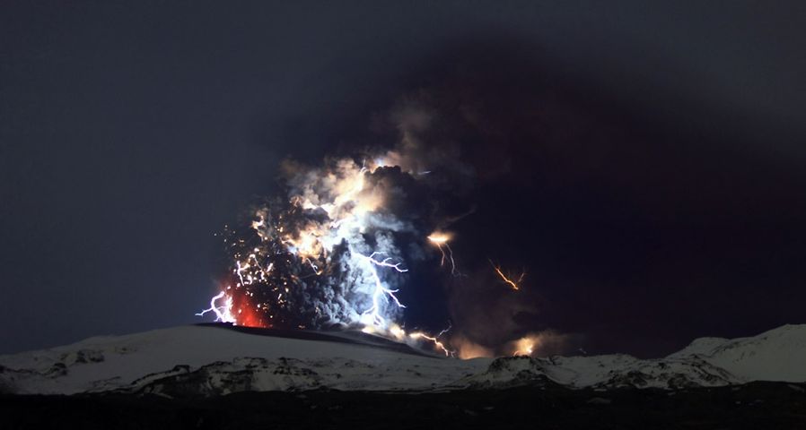 Volcanic eruptions are lit by lightning on the Eyjafjallajokull glacier near Eyjafjallajokull, Iceland