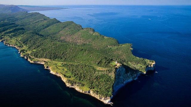 Aerial view of the Gaspe Peninsula, Forillon National Park, Que.