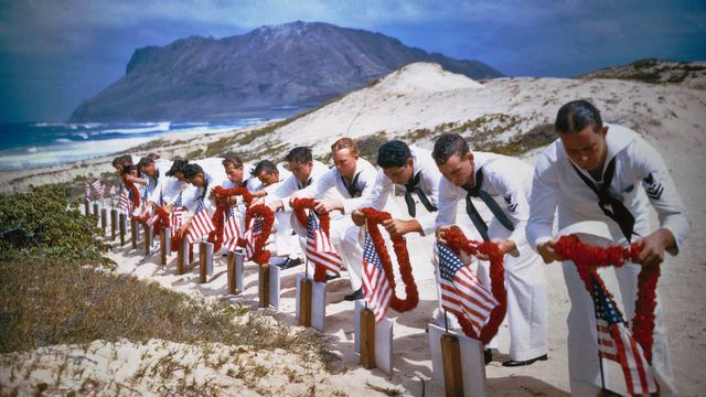 Navy personnel at the first Pearl Harbor Remembrance in 1942, Kaneohe Bay, Hawaii 