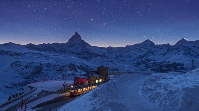 Gornergrat railway station and the Matterhorn in Zermatt, Switzerland