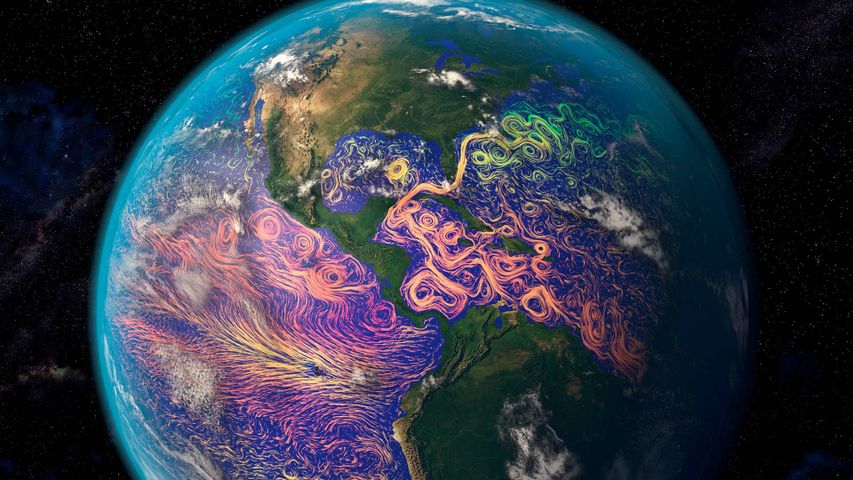 Satellite-based graphic showing ocean currents off the Americas 