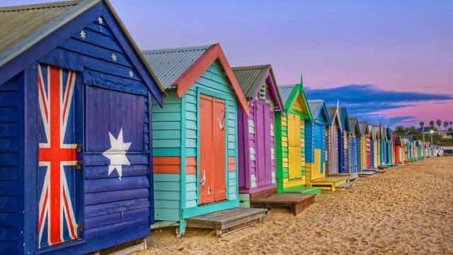 Bathing boxes line the beach at Brighton, Victoria, Australia