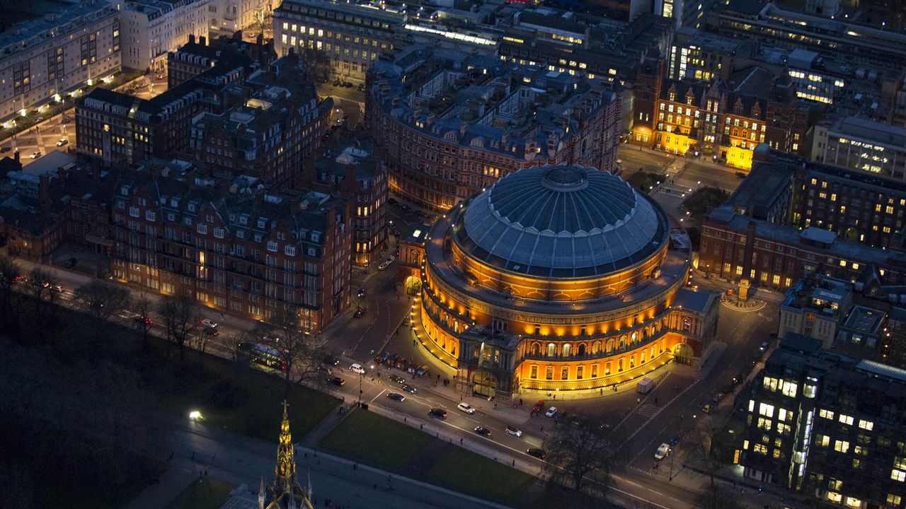 Aerial view of the Royal Albert Hall in South Kensington, London