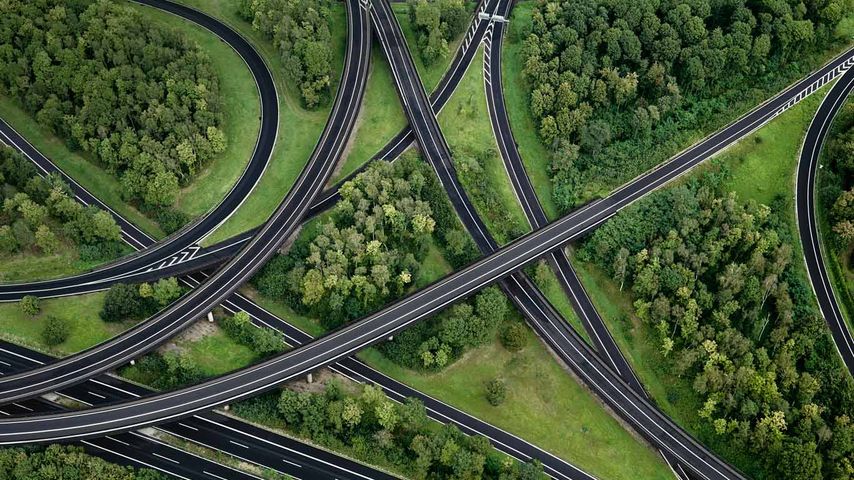 Aerial view of highway interchange, North Rhine-Westphalia, Germany