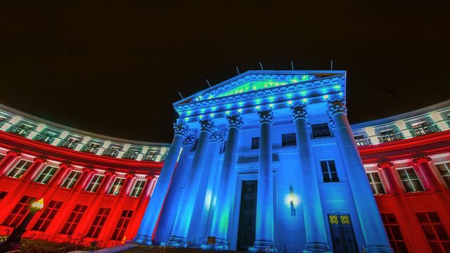 City and County Building illuminated in Civic Center Park, Denver, Colorado
