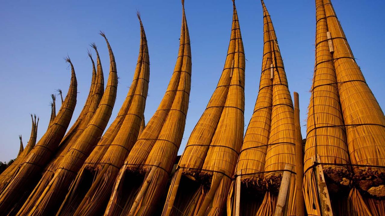 Reed fishing boats in Huanchaco, Peru