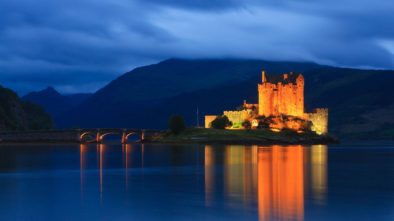 Eilean Donan Castle at the blue hour after sunset, Scotland 