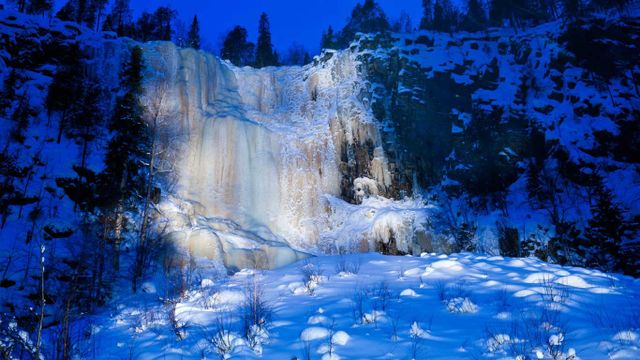 A frozen waterfall in Korouoma, Finland