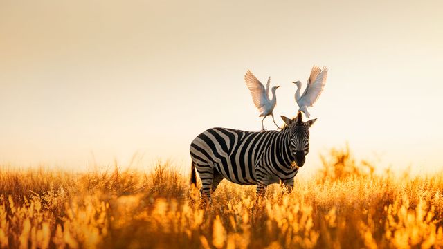 ｢バーチェルサバンナシマウマとアマサギ｣南アフリカ 