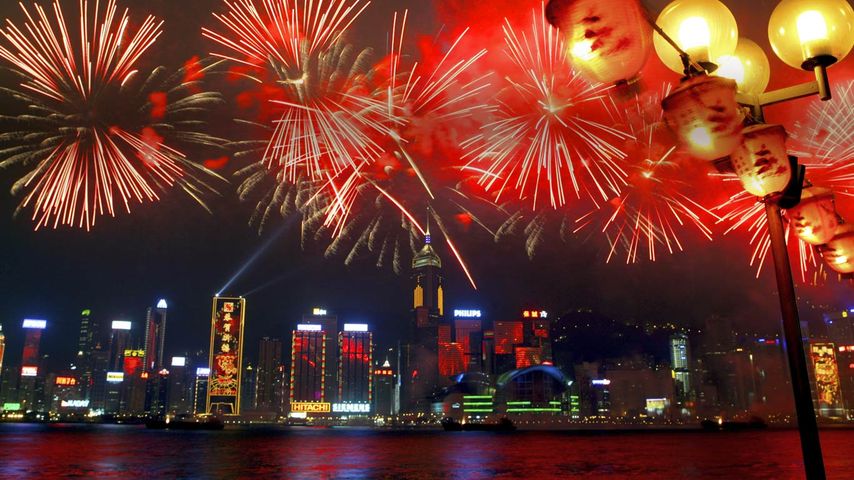 Fireworks in Victoria Harbour during the Chinese new year, Hong Kong, China