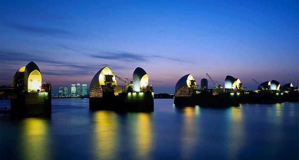 The Thames Barrier at dusk, London, England