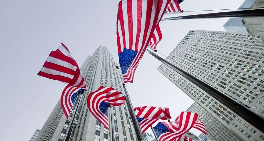 Rockefeller Center with U.S. flags, New York City, New York
