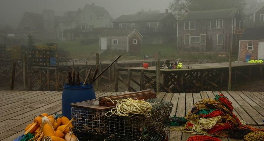 Fisherman's traps, ropes, and floats on a dock in Port Clyde, Maine