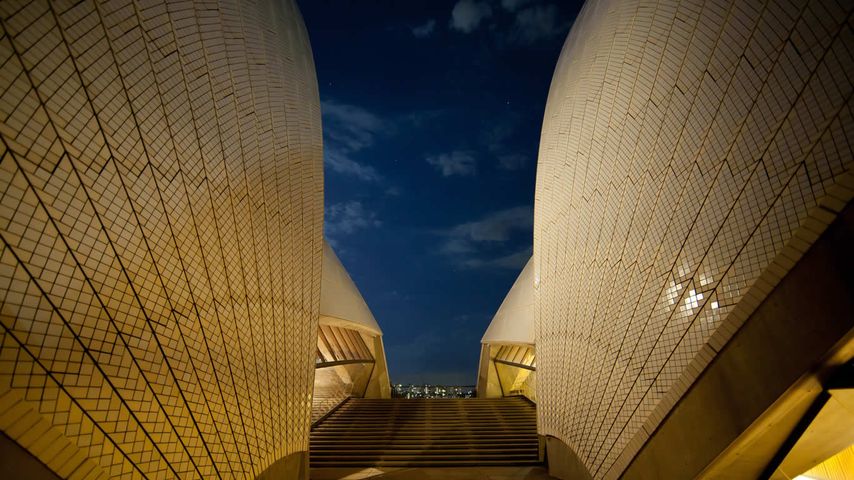 Ground-level view of the Sydney Opera House in New South Wales, Australia
