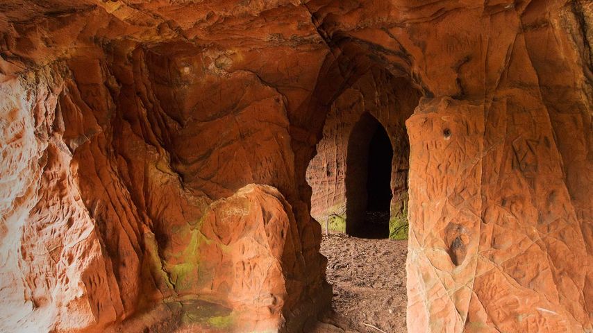 Lacy's Caves on the banks of River Eden near Little Salkeld, Cumbria 
