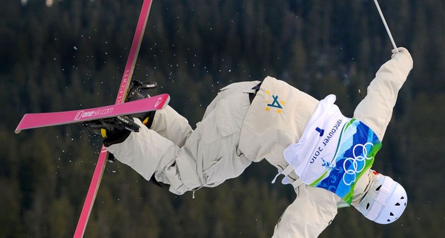 Australian Dale Begg-Smith performs aerial maneuvers before the Men's Moguls Freestyle Skiing event at the Vancouver Winter Olympics on February 14, 2010