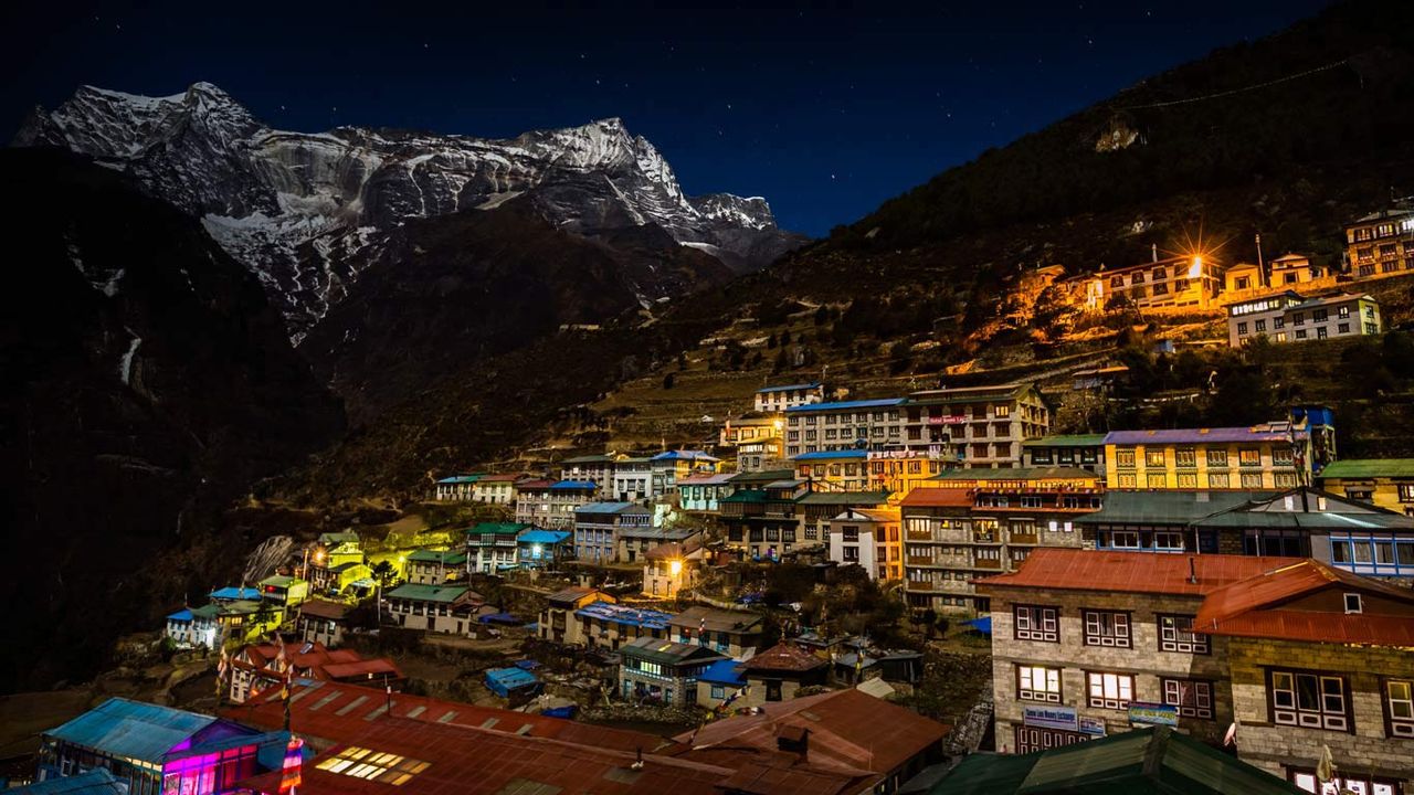 Kongde Ri mountain looms over Namche Bazaar in Sagarmatha National Park, Nepal 