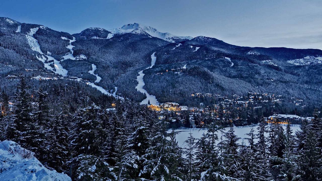 Dusk settles on Whistler Mountain in the creekside, Whistler, B.C. 