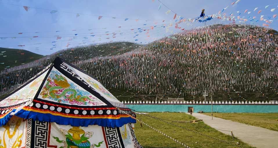 Tent and prayer flags, Tagong Grasslands, Sichuan, China