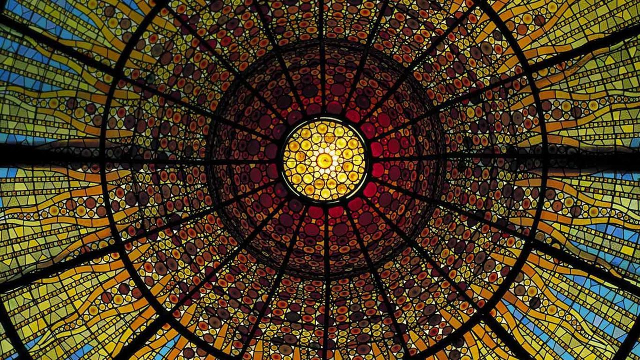Stained-glass ceiling of the Palau de la Musica Catalana, Barcelona, Spain