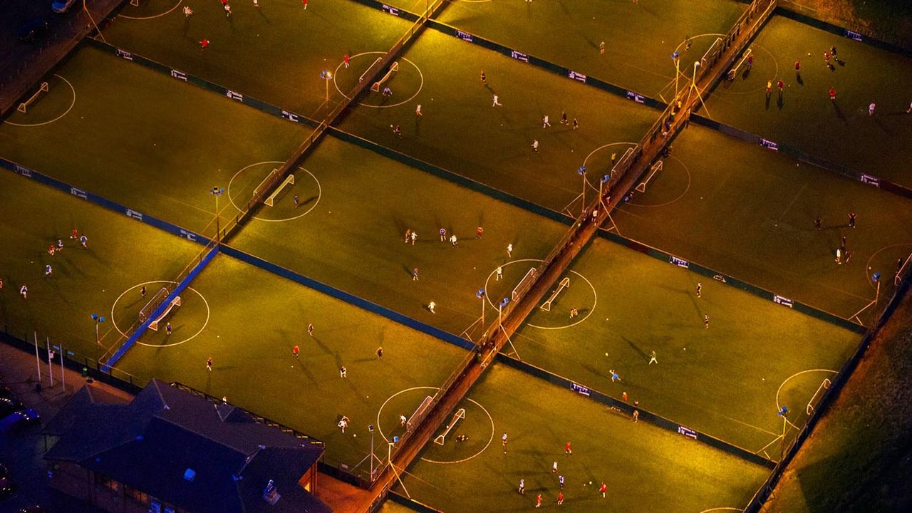 Night Aerial View Onto Five A Side Football Pitches, England