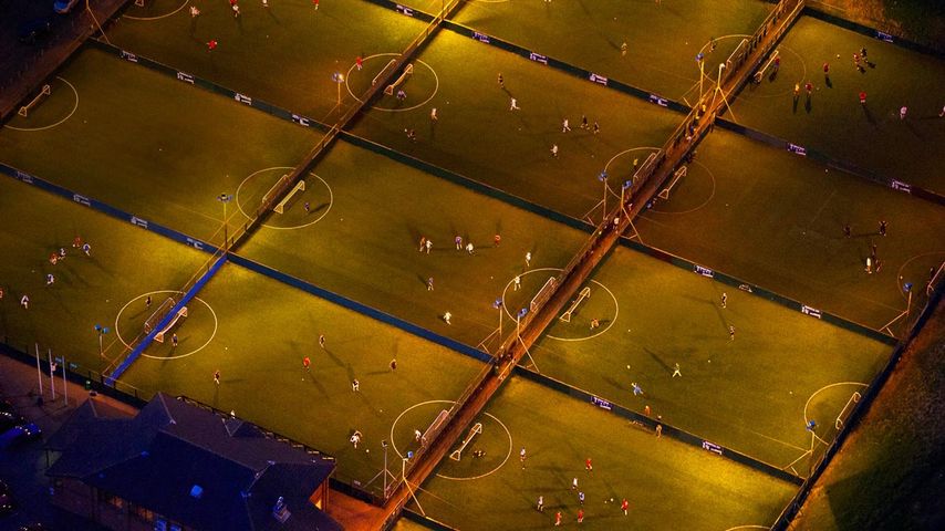 Night Aerial View Onto Five A Side Football Pitches, England