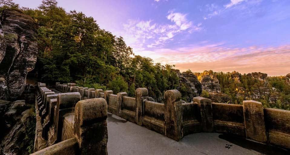 View from the Bastei Bridge above the Elbe River in the Elbe Sandstone Mountains of Germany