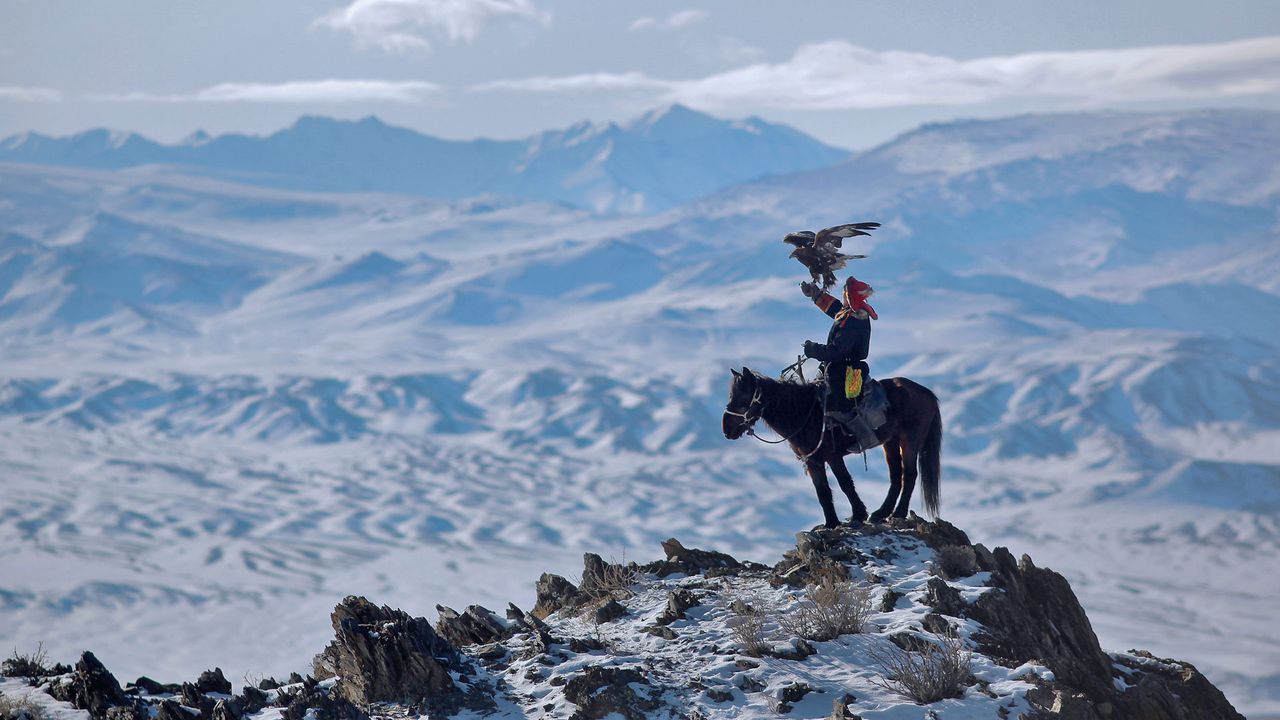 A rider hunts with an eagle in the Altai Mountains of Mongolia