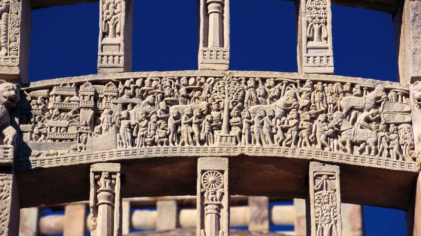 Carved stories of King Ashoka on gate of Sanchi Stupa, Madhya Pradesh, India