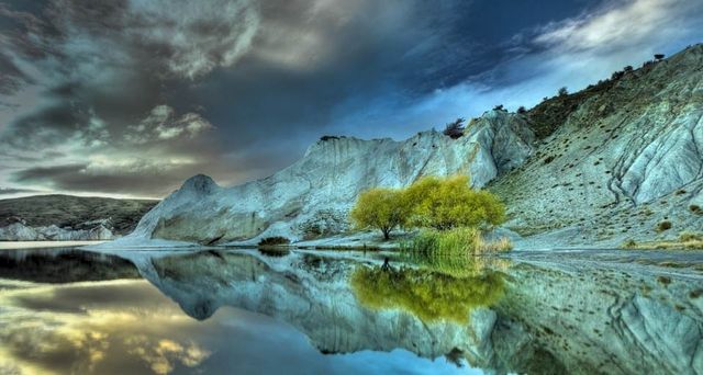 Reflection on Blue Lake, adjacent to St. Bathans, Central Otago, New Zealand
