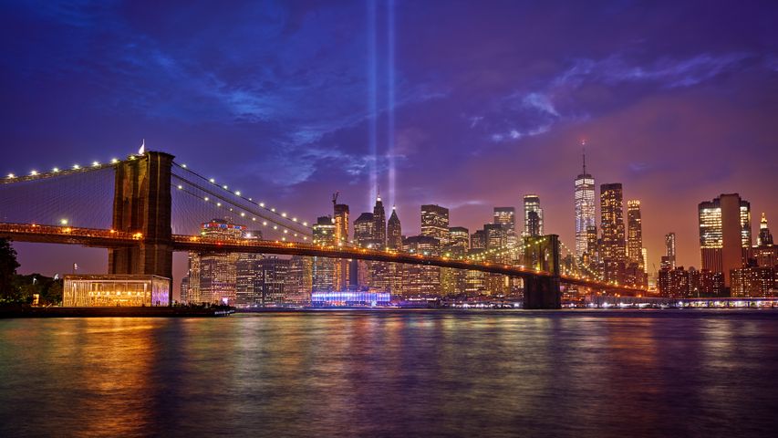 Brooklyn Bridge with the 'Tribute in Light' installation for 9/11, New York